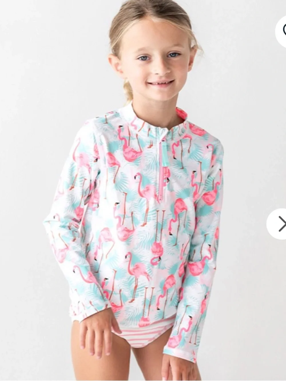 Ruffle Butts Pink Flamingo Long Sleeve Rash Guard Swim Top